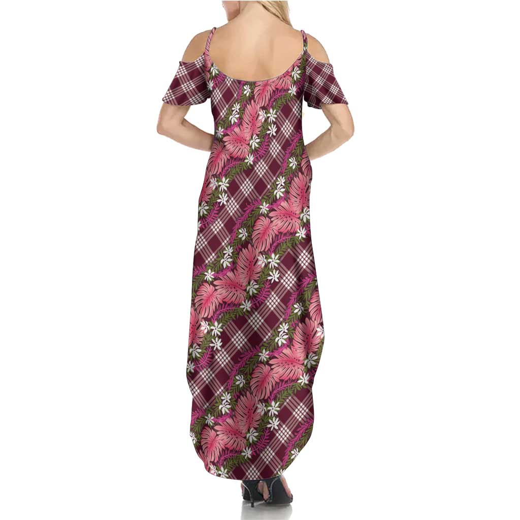 Polynesian Monstera Tiare Floral Summer Maxi Dress Fuchsia Tropical Plaid - Polynesian Pride