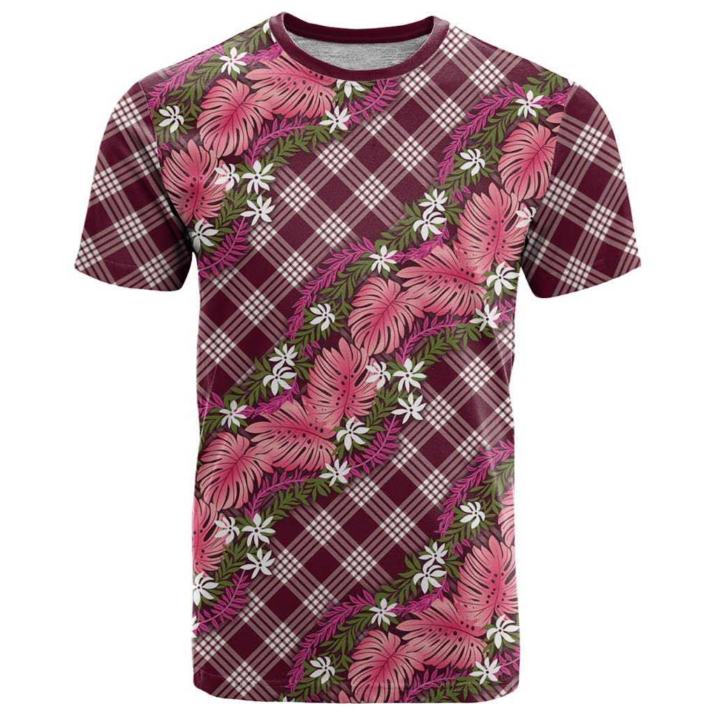 Polynesian Monstera Tiare Floral T Shirt Fuchsia Tropical Plaid - Polynesian Pride