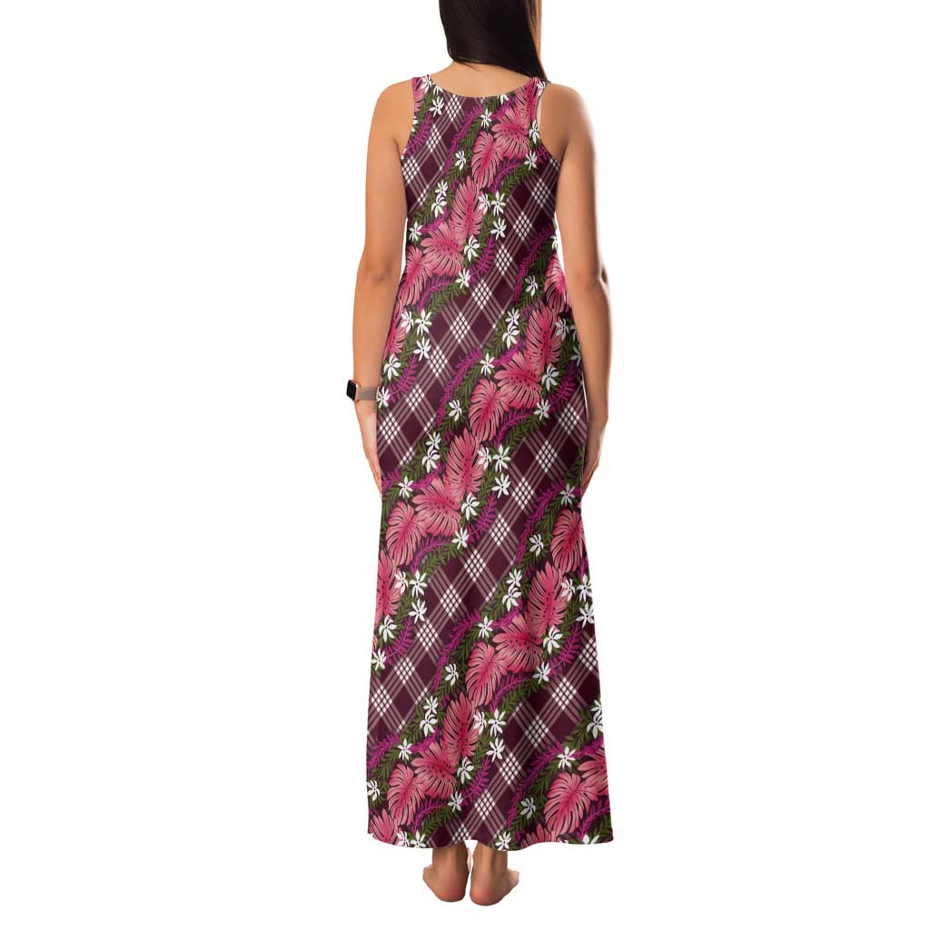 Polynesian Monstera Tiare Floral Tank Maxi Dress Fuchsia Tropical Plaid - Polynesian Pride