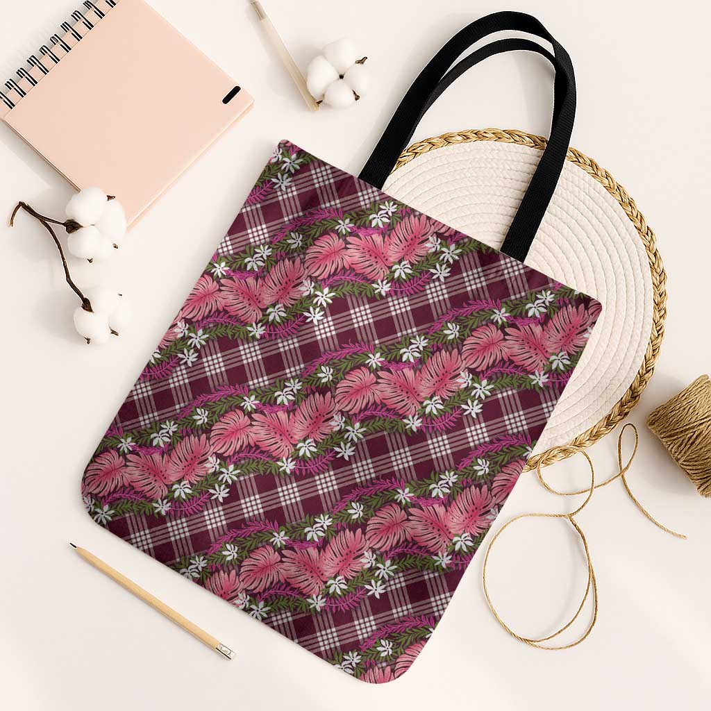Polynesian Monstera Tiare Floral Tote Bag Fuchsia Tropical Plaid LT01 Black Strap One Size Pink - Polynesian Pride