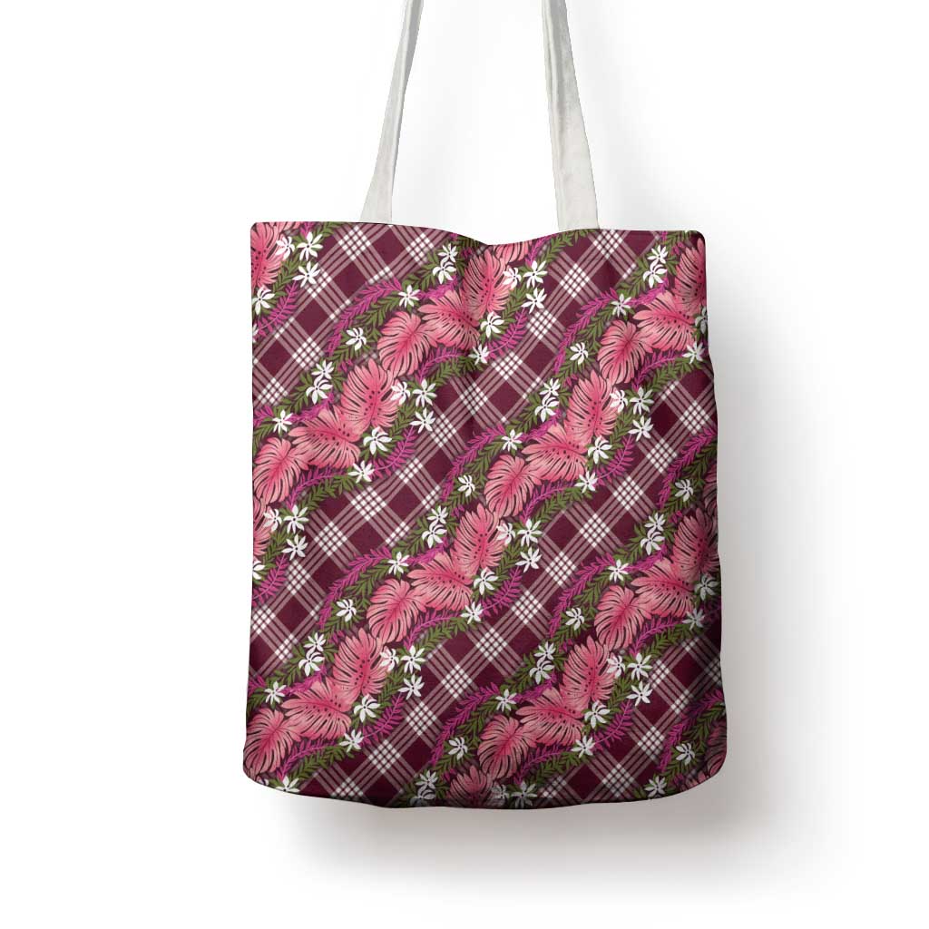 Polynesian Monstera Tiare Floral Tote Bag Fuchsia Tropical Plaid - Polynesian Pride