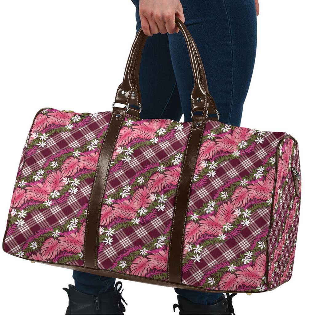 Polynesian Monstera Tiare Floral Travel Bag Fuchsia Tropical Plaid - Polynesian Pride