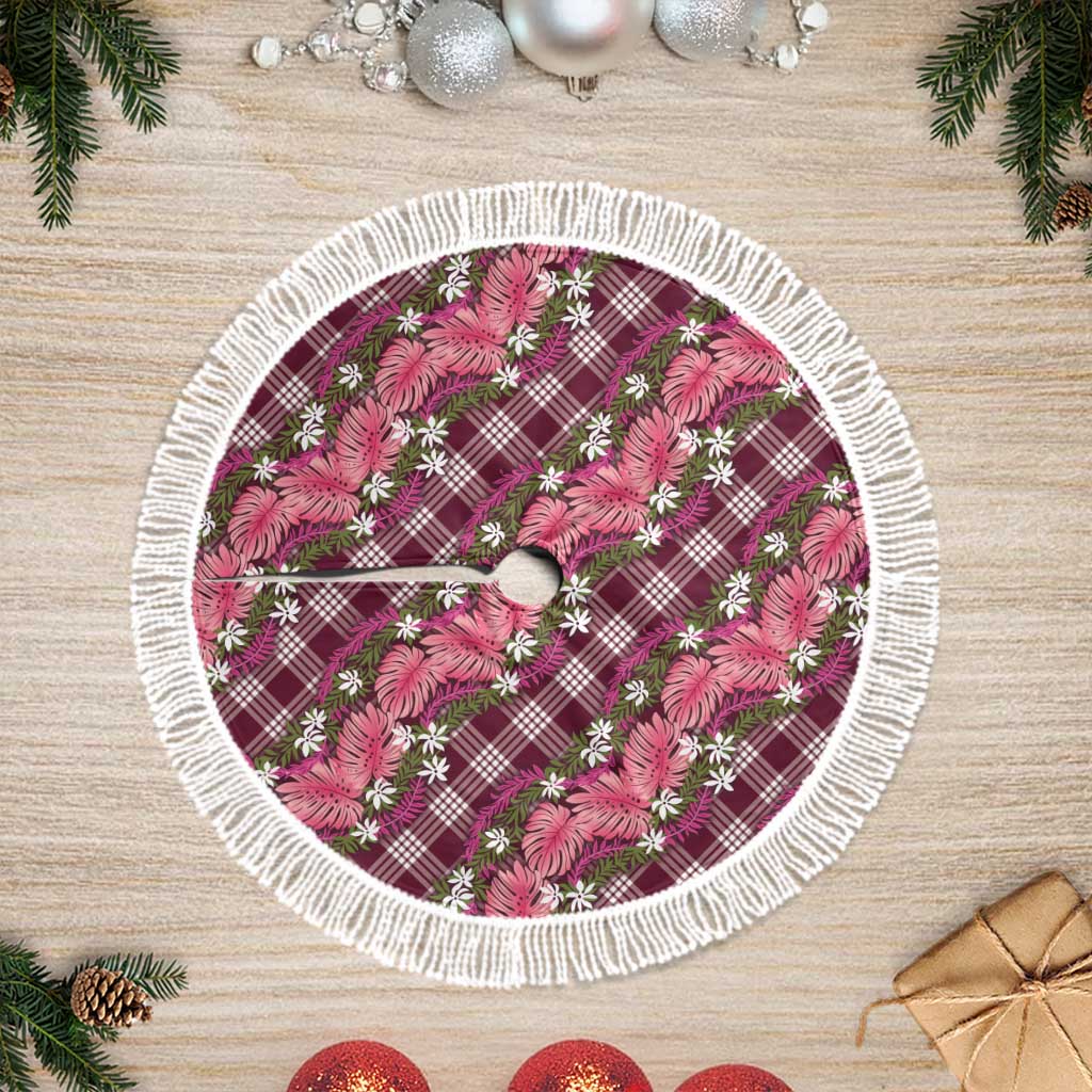 Polynesian Monstera Tiare Floral Tree Skirt Fuchsia Tropical Plaid - Polynesian Pride