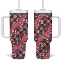 Polynesian Monstera Tiare Floral Tumbler With Handle Fuchsia Tropical Plaid - Polynesian Pride