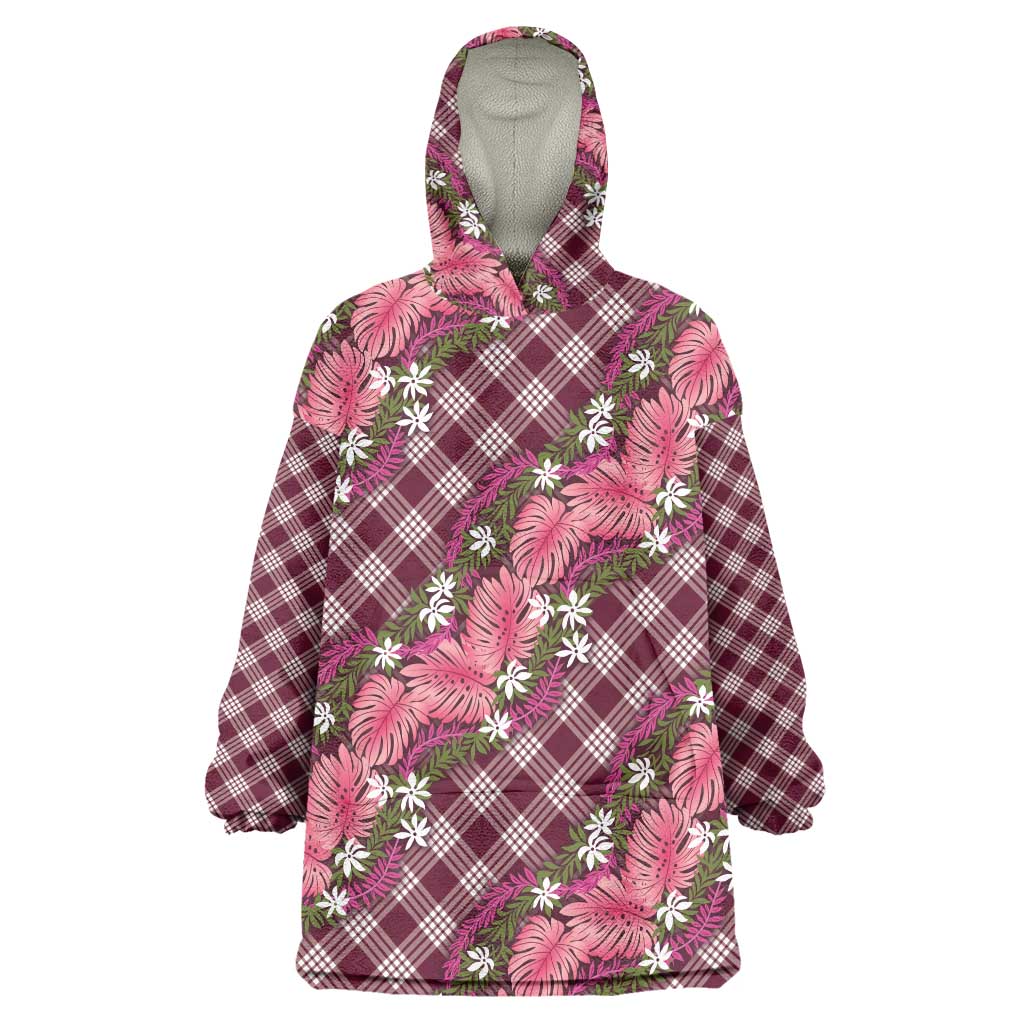 Polynesian Monstera Tiare Floral Wearable Blanket Hoodie Fuchsia Tropical Plaid LT01 One Size Pink - Polynesian Pride