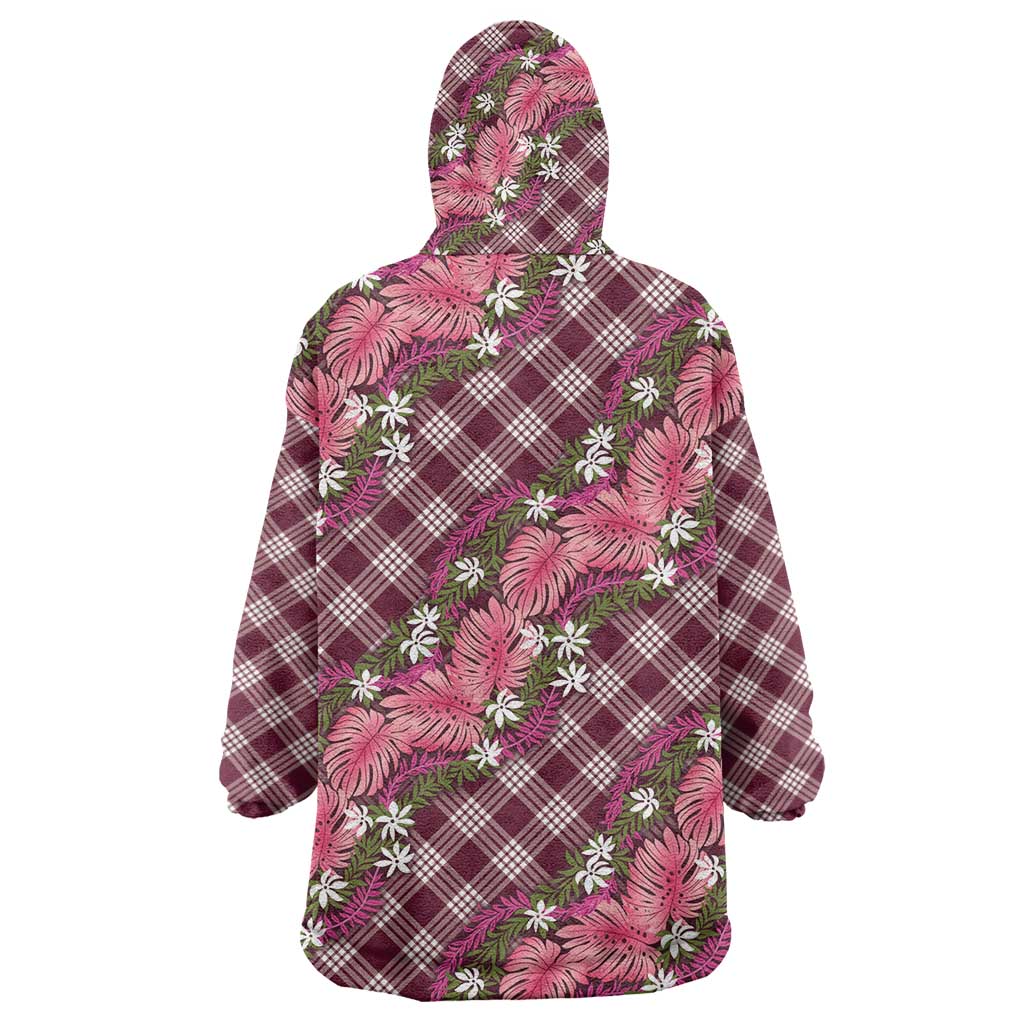 Polynesian Monstera Tiare Floral Wearable Blanket Hoodie Fuchsia Tropical Plaid - Polynesian Pride