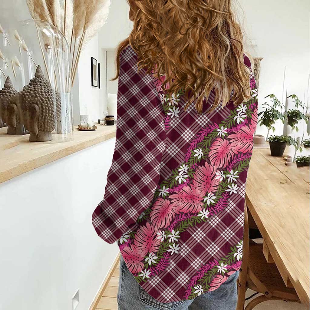 Polynesian Monstera Tiare Floral Women Casual Shirt Fuchsia Tropical Plaid - Polynesian Pride