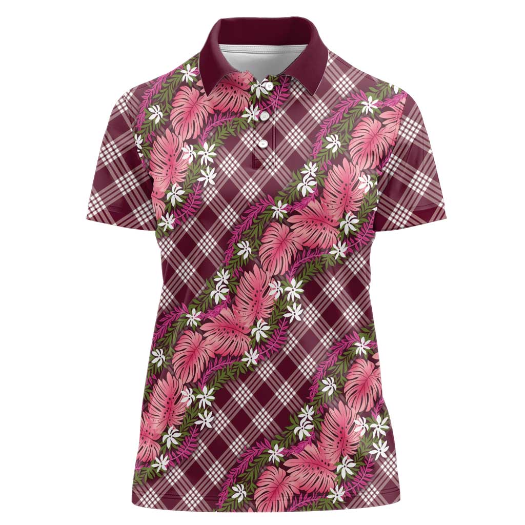 Polynesian Monstera Tiare Floral Women Polo Shirt Fuchsia Tropical Plaid - Polynesian Pride