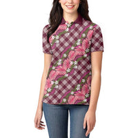 Polynesian Monstera Tiare Floral Women Polo Shirt Fuchsia Tropical Plaid - Polynesian Pride