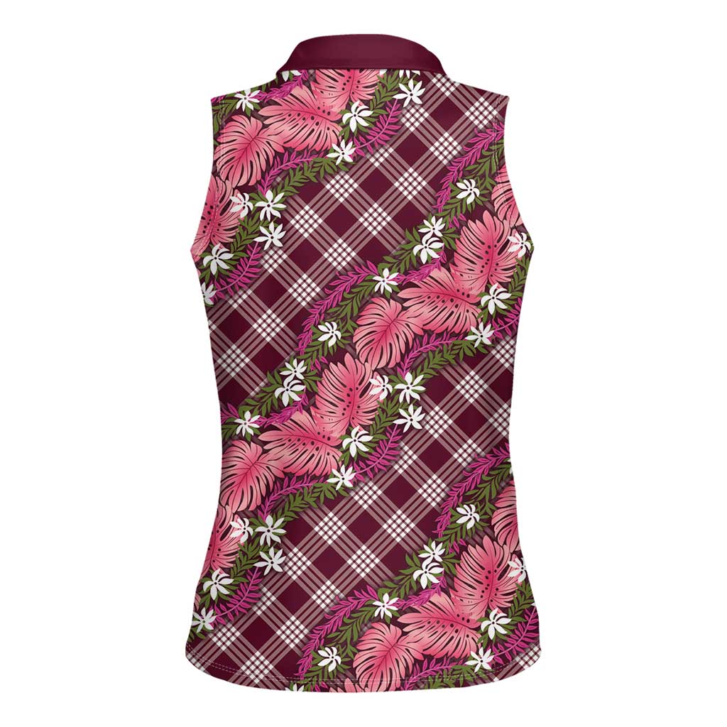 Polynesian Monstera Tiare Floral Women Sleeveless Polo Shirt Fuchsia Tropical Plaid - Polynesian Pride