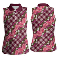 Polynesian Monstera Tiare Floral Women Sleeveless Polo Shirt Fuchsia Tropical Plaid - Polynesian Pride