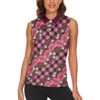 Polynesian Monstera Tiare Floral Women Sleeveless Polo Shirt Fuchsia Tropical Plaid - Polynesian Pride