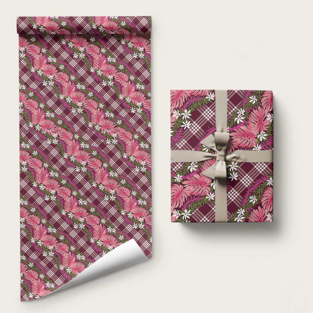 Polynesian Monstera Tiare Floral Wrapping Paper Fuchsia Tropical Plaid - Polynesian Pride