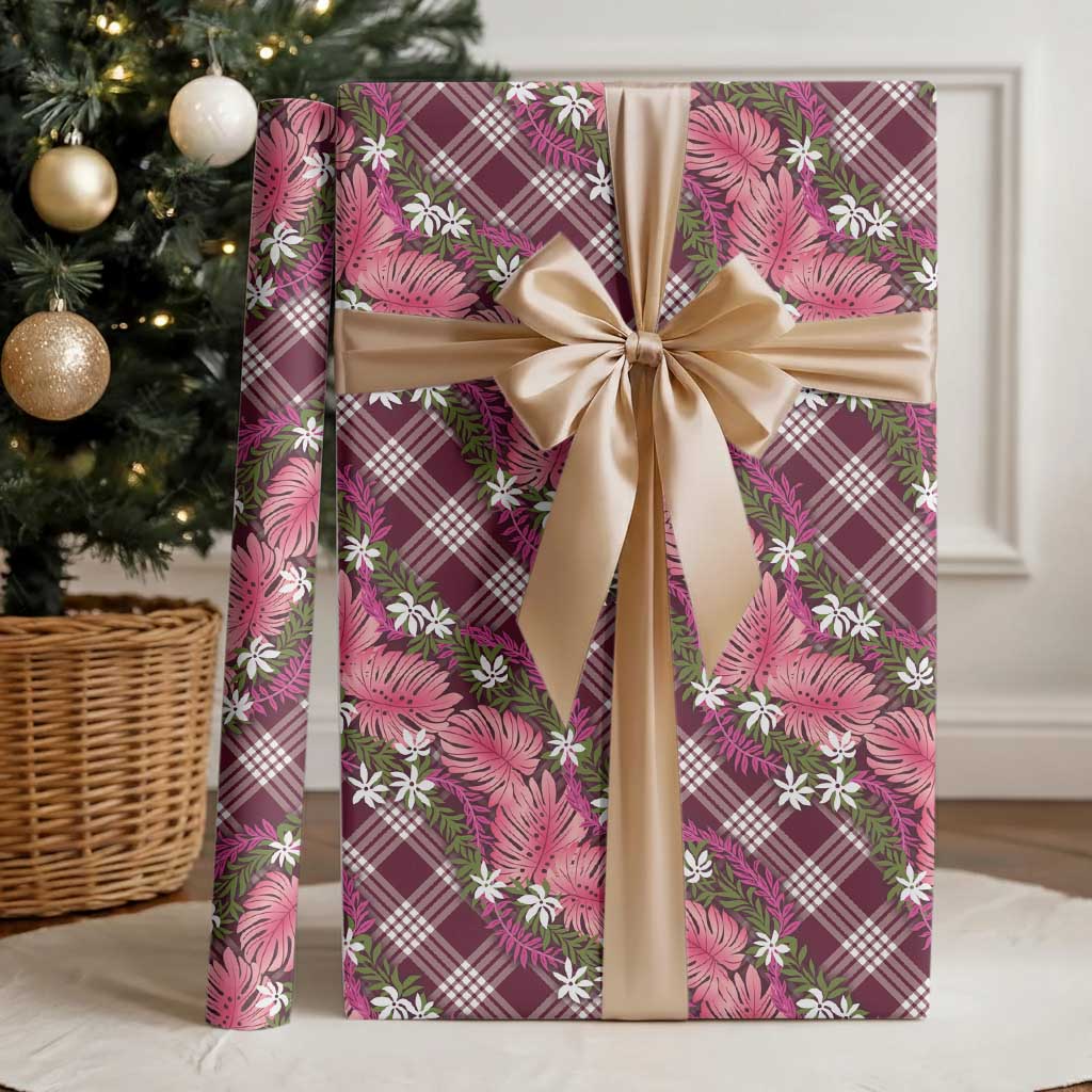 Polynesian Monstera Tiare Floral Wrapping Paper Fuchsia Tropical Plaid - Polynesian Pride
