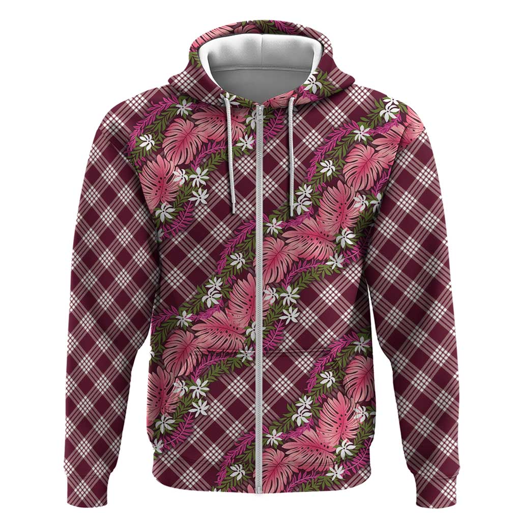 Polynesian Monstera Tiare Floral Zip Hoodie Fuchsia Tropical Plaid - Polynesian Pride