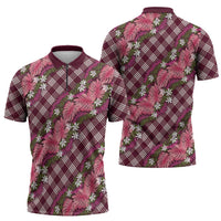 Polynesian Monstera Tiare Floral Zipper Polo Shirt Fuchsia Tropical Plaid - Polynesian Pride