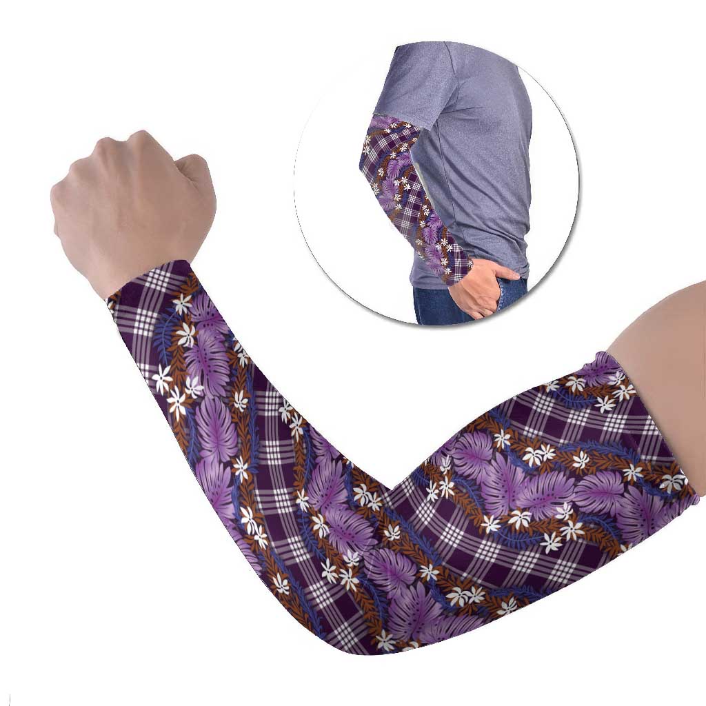 Polynesian Monstera Tiare Floral Arm Sleeves Lavender Tropical Plaid - Polynesian Pride