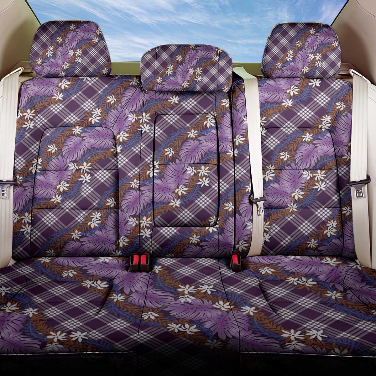 Polynesian Monstera Tiare Floral Back Car Seat Cover Lavender Tropical Plaid - Polynesian Pride
