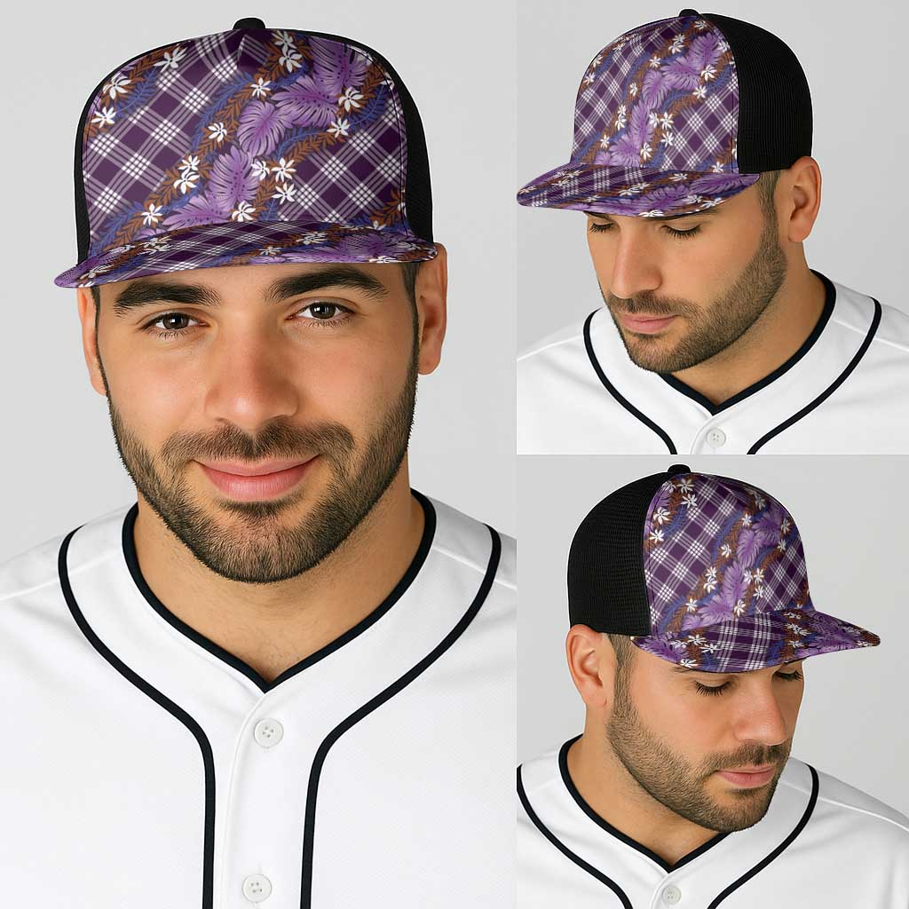 Polynesian Monstera Tiare Floral Baseball Net Cap Lavender Tropical Plaid - Polynesian Pride