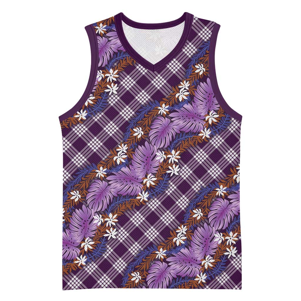 Polynesian Monstera Tiare Floral Basketball Jersey Lavender Tropical Plaid - Polynesian Pride