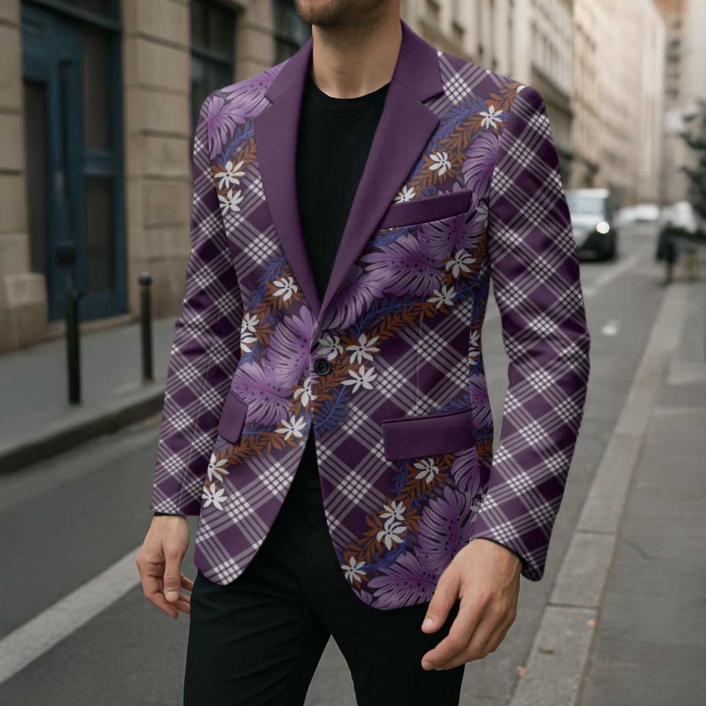Polynesian Monstera Tiare Floral Blazer Lavender Tropical Plaid - Polynesian Pride
