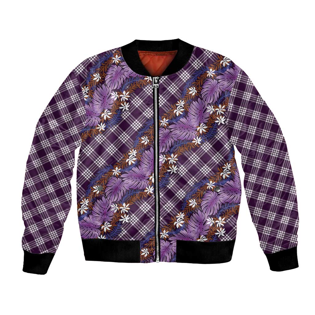 Polynesian Monstera Tiare Floral Bomber Jacket Lavender Tropical Plaid LT01 Unisex Purple - Polynesian Pride