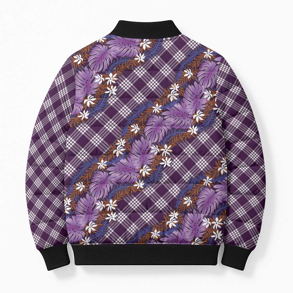 Polynesian Monstera Tiare Floral Bomber Puffer Jacket Lavender Tropical Plaid - Polynesian Pride