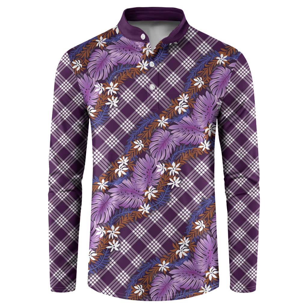 Polynesian Monstera Tiare Floral Button Sweatshirt Lavender Tropical Plaid - Polynesian Pride