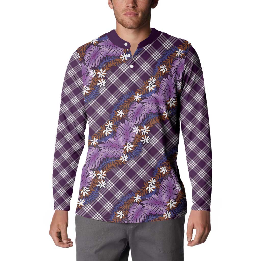 Polynesian Monstera Tiare Floral Button Sweatshirt Lavender Tropical Plaid - Polynesian Pride