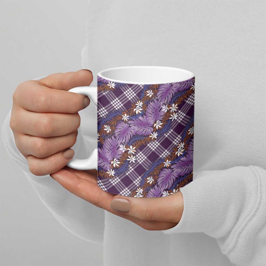 Polynesian Monstera Tiare Floral Ceramic Mug Lavender Tropical Plaid - Polynesian Pride