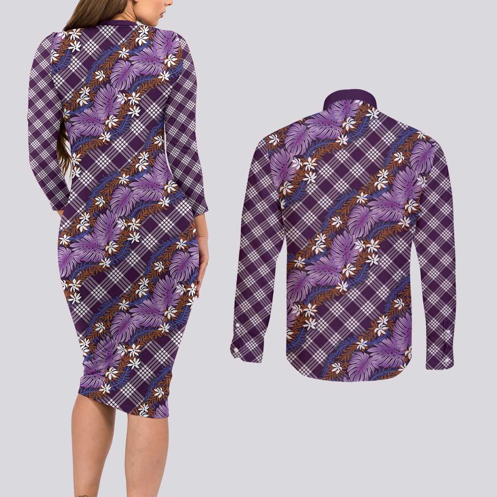 Polynesian Monstera Tiare Floral Couples Matching Long Sleeve Bodycon Dress and Long Sleeve Button Shirt Lavender Tropical Plaid - Polynesian Pride