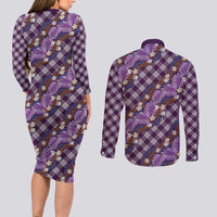 Polynesian Monstera Tiare Floral Couples Matching Long Sleeve Bodycon Dress and Long Sleeve Button Shirt Lavender Tropical Plaid - Polynesian Pride