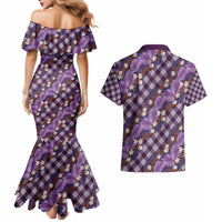 Polynesian Monstera Tiare Floral Couples Matching Mermaid Dress and Hawaiian Shirt Lavender Tropical Plaid - Polynesian Pride