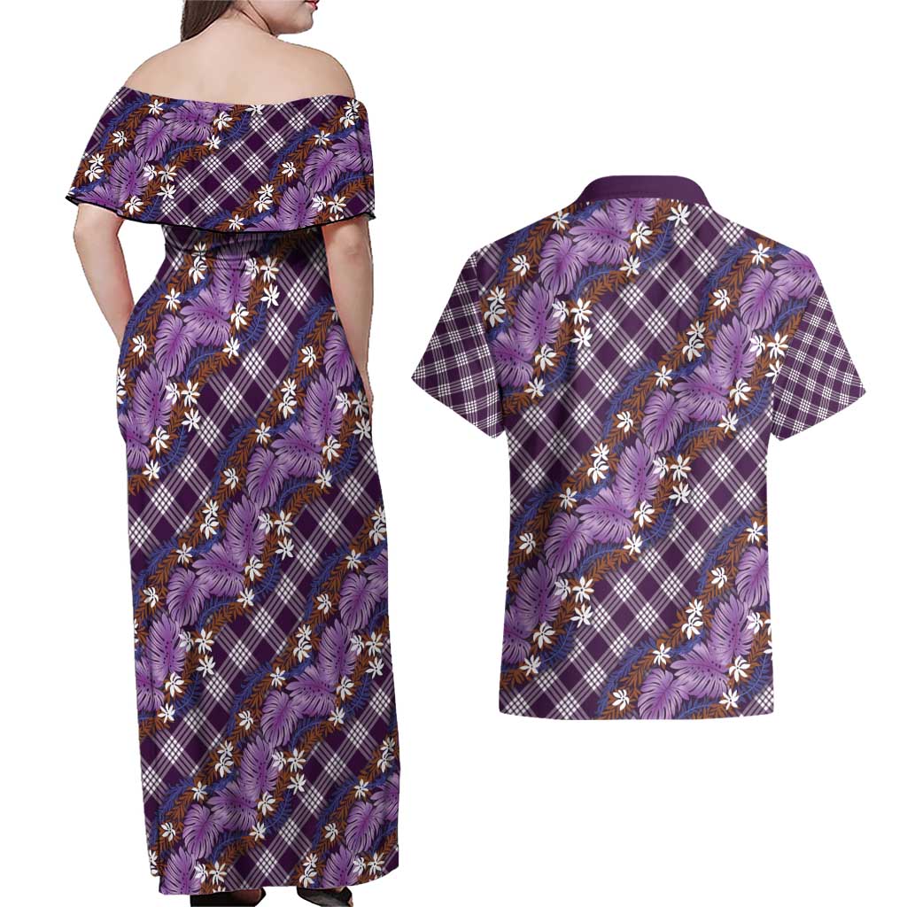 Polynesian Monstera Tiare Floral Couples Matching Off Shoulder Maxi Dress and Hawaiian Shirt Lavender Tropical Plaid - Polynesian Pride