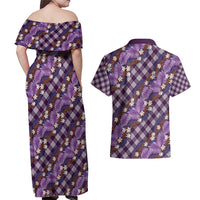 Polynesian Monstera Tiare Floral Couples Matching Off Shoulder Maxi Dress and Hawaiian Shirt Lavender Tropical Plaid - Polynesian Pride