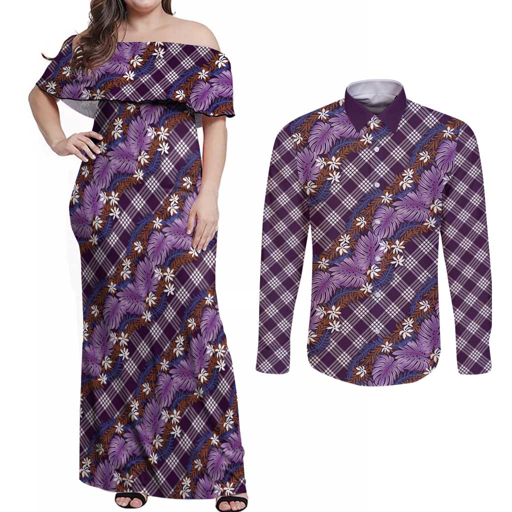 Polynesian Monstera Tiare Floral Couples Matching Off Shoulder Maxi Dress and Long Sleeve Button Shirt Lavender Tropical Plaid LT01 Purple - Polynesian Pride