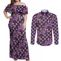 Polynesian Monstera Tiare Floral Couples Matching Off Shoulder Maxi Dress and Long Sleeve Button Shirt Lavender Tropical Plaid - Polynesian Pride