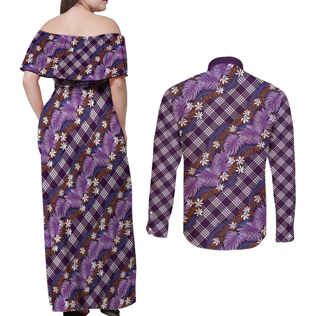 Polynesian Monstera Tiare Floral Couples Matching Off Shoulder Maxi Dress and Long Sleeve Button Shirt Lavender Tropical Plaid - Polynesian Pride
