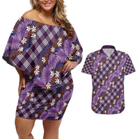 Polynesian Monstera Tiare Floral Couples Matching Off Shoulder Short Dress and Hawaiian Shirt Lavender Tropical Plaid - Polynesian Pride