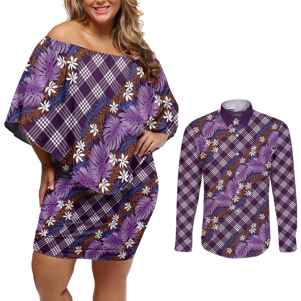 Polynesian Monstera Tiare Floral Couples Matching Off Shoulder Short Dress and Long Sleeve Button Shirt Lavender Tropical Plaid LT01 Purple - Polynesian Pride