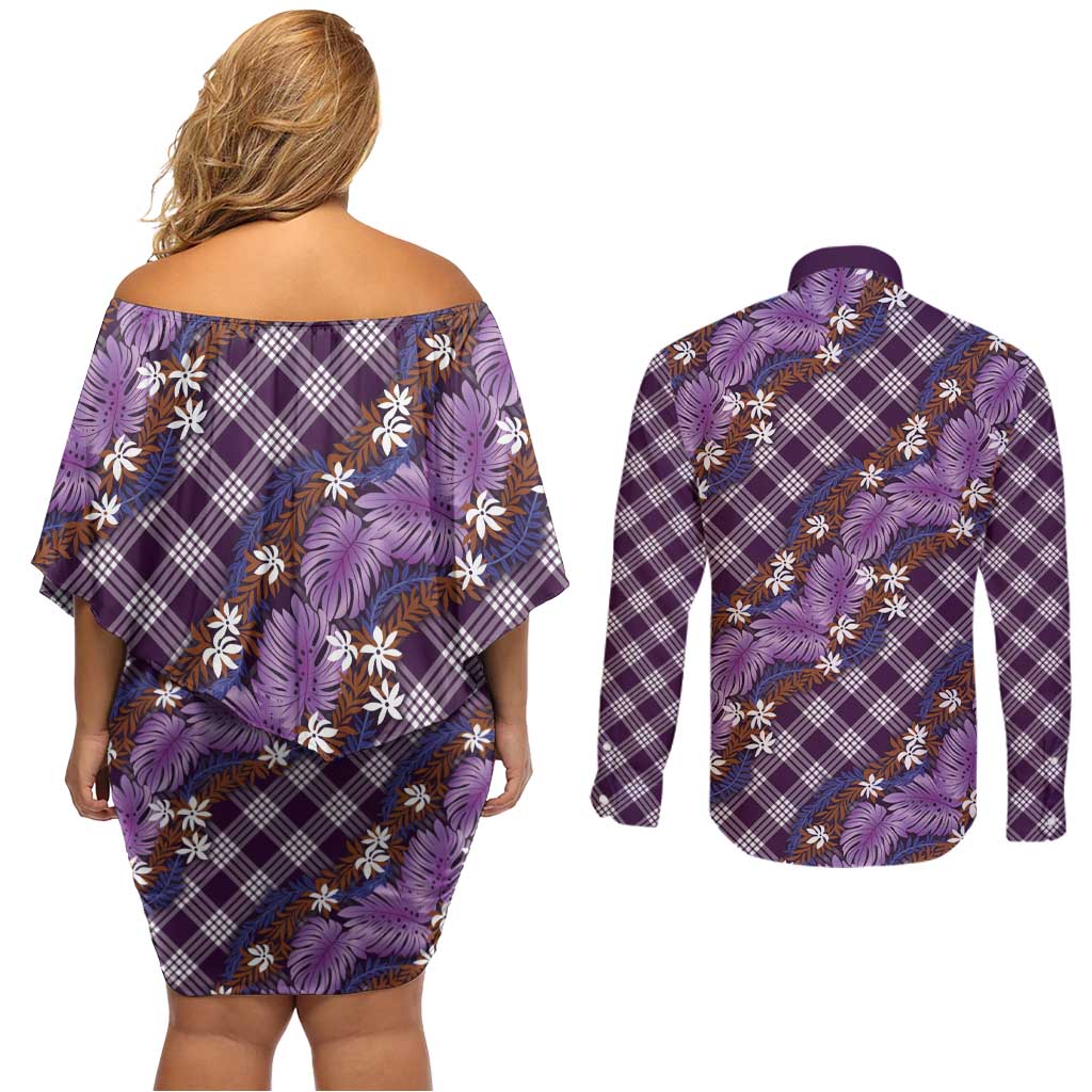 Polynesian Monstera Tiare Floral Couples Matching Off Shoulder Short Dress and Long Sleeve Button Shirt Lavender Tropical Plaid - Polynesian Pride