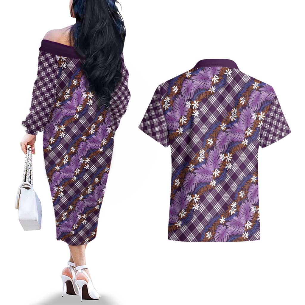 Polynesian Monstera Tiare Floral Couples Matching Off The Shoulder Long Sleeve Dress and Hawaiian Shirt Lavender Tropical Plaid - Polynesian Pride