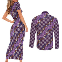 Polynesian Monstera Tiare Floral Couples Matching Short Sleeve Bodycon Dress and Long Sleeve Button Shirt Lavender Tropical Plaid - Polynesian Pride