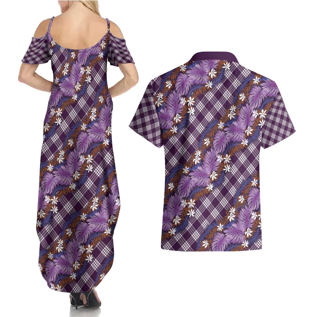 Polynesian Monstera Tiare Floral Couples Matching Summer Maxi Dress and Hawaiian Shirt Lavender Tropical Plaid - Polynesian Pride