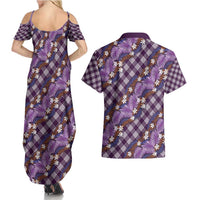 Polynesian Monstera Tiare Floral Couples Matching Summer Maxi Dress and Hawaiian Shirt Lavender Tropical Plaid - Polynesian Pride