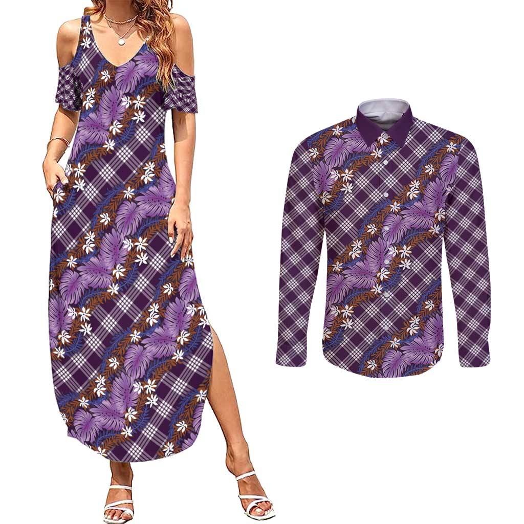Polynesian Monstera Tiare Floral Couples Matching Summer Maxi Dress and Long Sleeve Button Shirt Lavender Tropical Plaid - Polynesian Pride