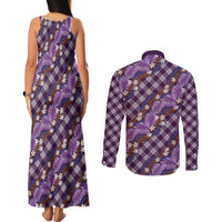 Polynesian Monstera Tiare Floral Couples Matching Tank Maxi Dress and Long Sleeve Button Shirt Lavender Tropical Plaid - Polynesian Pride