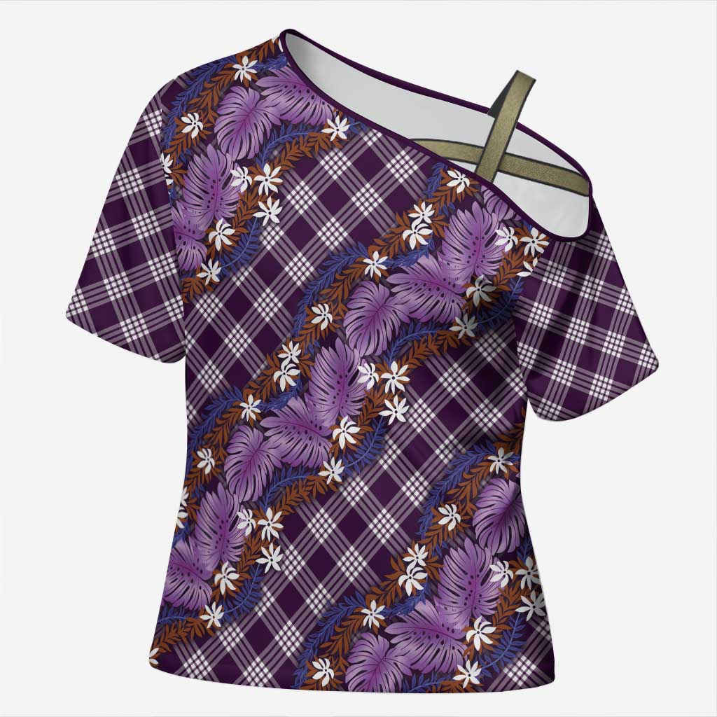 Polynesian Monstera Tiare Floral Cross Shoulder Shirt Lavender Tropical Plaid - Polynesian Pride