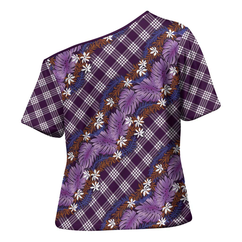 Polynesian Monstera Tiare Floral Cross Shoulder Shirt Lavender Tropical Plaid - Polynesian Pride