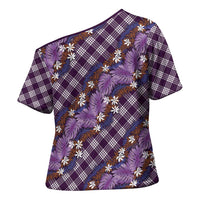 Polynesian Monstera Tiare Floral Cross Shoulder Shirt Lavender Tropical Plaid - Polynesian Pride